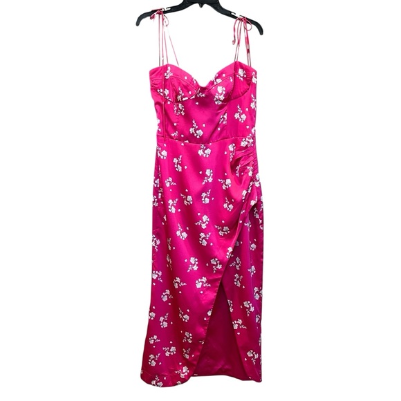 BARDOT Amika Floral Satin Midi Dress Side Slit Sweetheart Ties Hot Pink 10 NWT - Picture 2 of 13